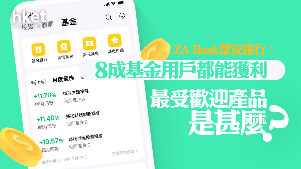 虛擬銀行｜ZA Bank眾安銀行：8成基金用戶都能獲利最受歡迎產品是...