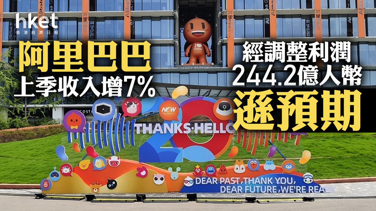 9988｜阿里巴巴上季收入增7%、經調整利潤244億人幣遜預期全年派息1.6元股價跌逾3%