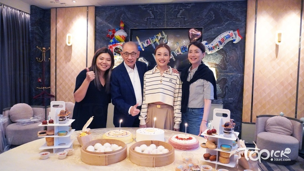 楊受成到場為分別5、6、7月生日的容祖兒、鄧小巧、霍汶希慶祝。