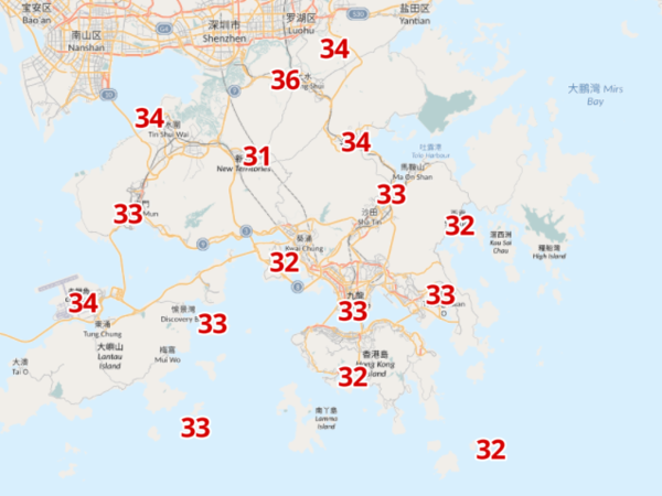 7月8日下午2時各區氣溫。(天文台截圖)
