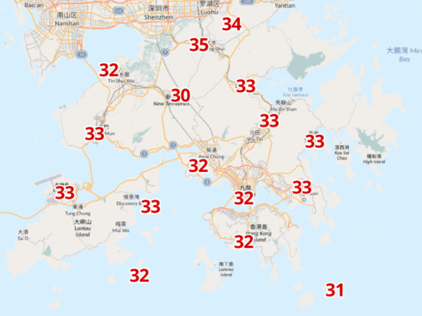 7月9日下午2時各區氣溫。(天文台截圖)