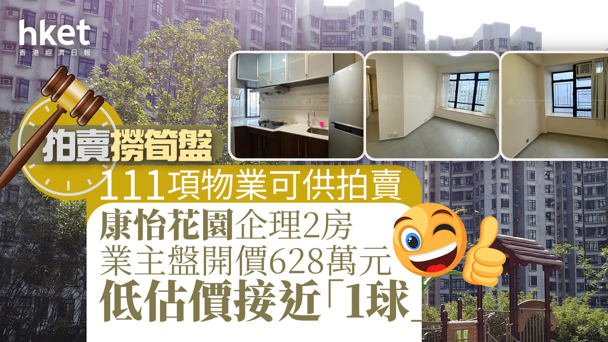 拍賣撈筍盤｜逾百物業拍賣康怡2房低估價近100萬畢架山豪宅呎價不足8500元