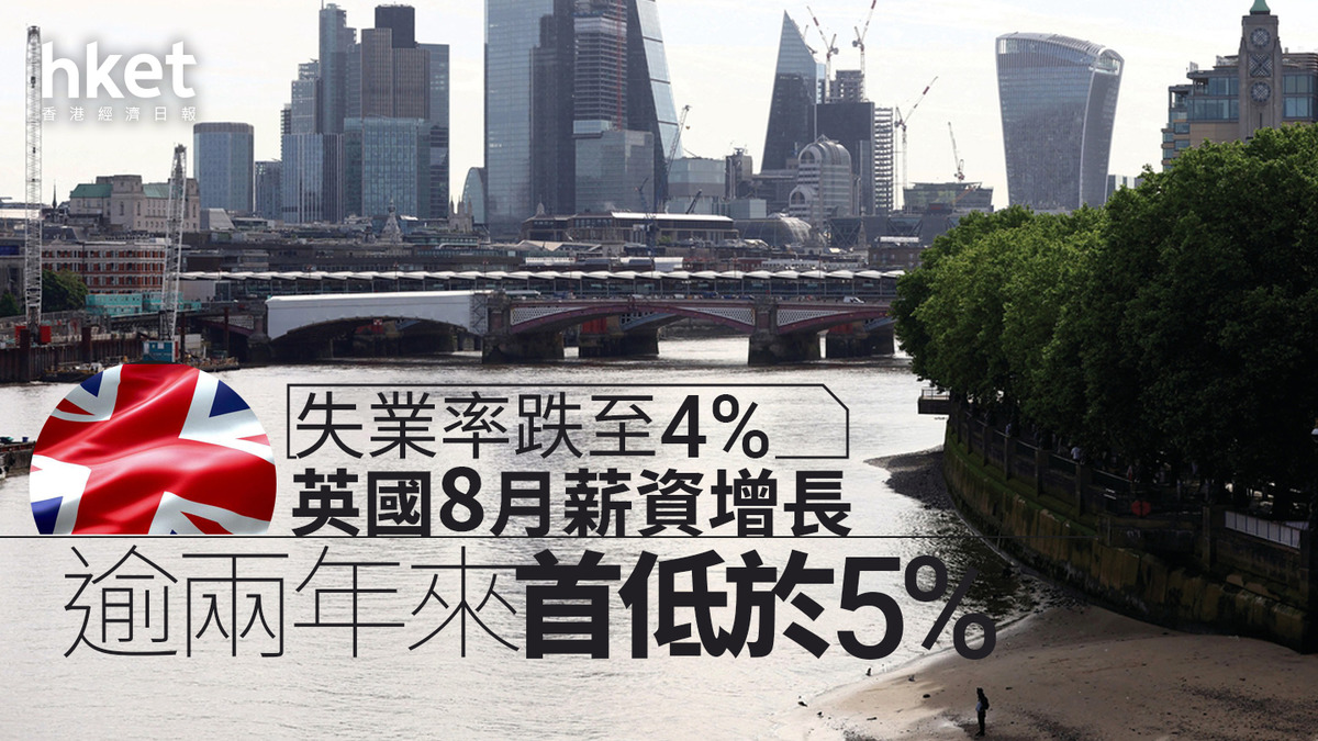 英國經濟｜8月薪資增長逾兩年來首低於5% 失業率跌至4%
