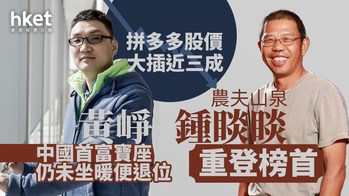 中國首富｜拼多多PDD股價大插近三成黃崢中國首富寶座仍未坐暖便退位、農夫山泉鍾睒睒重登榜首