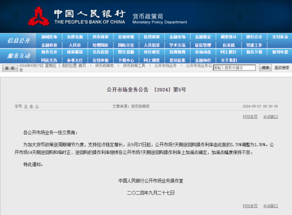 中國救市｜人行今日起下調金融機構存款準備金率0.5個百分點　7天期逆回購操作利率下調至1.5%