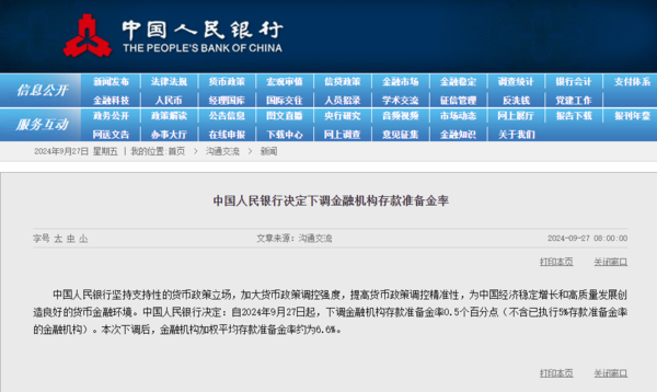 中國救市｜人行今日起下調金融機構存款準備金率0.5個百分點　7天期逆回購操作利率下調至1.5%