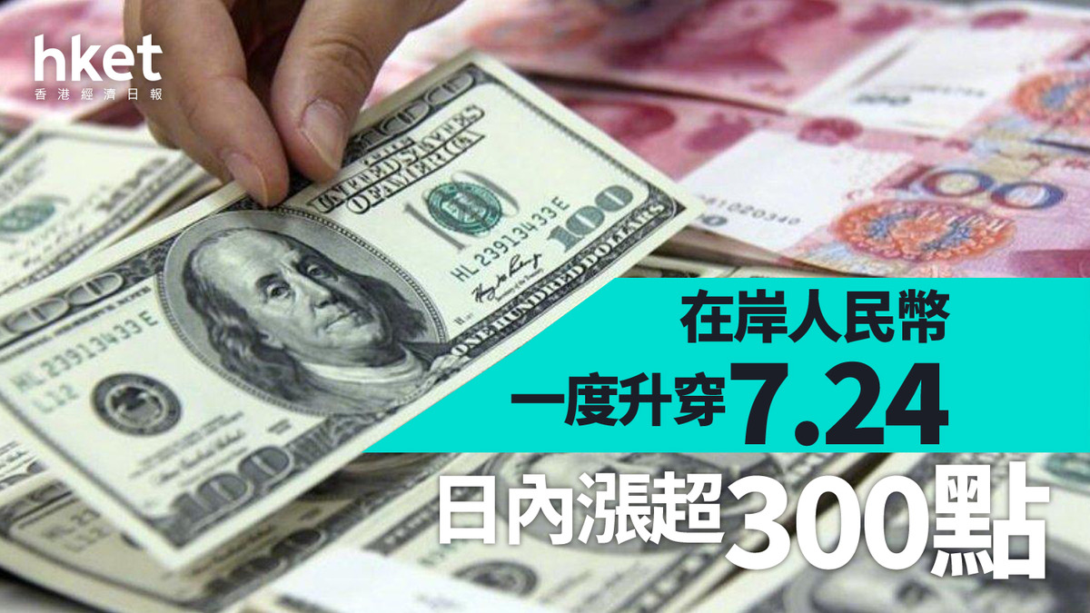 在岸人民幣一度升穿7.24 日內漲超300點