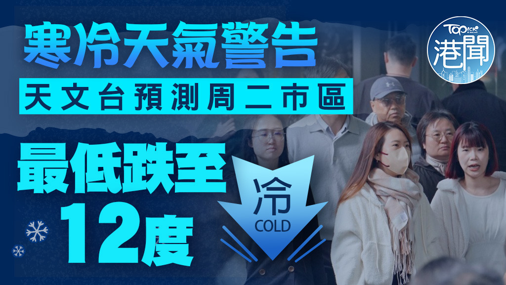 寒冷天氣警告生效，天文台預測周二市區最低跌至12度。