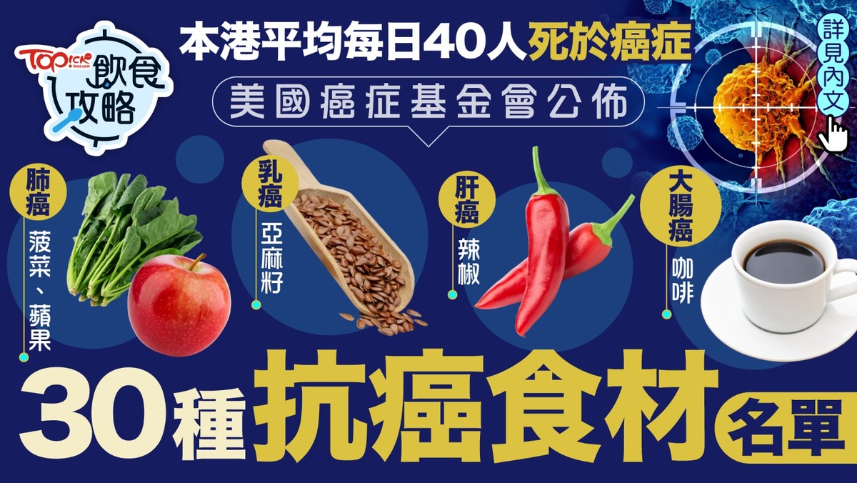 抗癌飲食︱本港平均每日40人死於癌症美國癌症基金會公佈30種抗癌食材名單