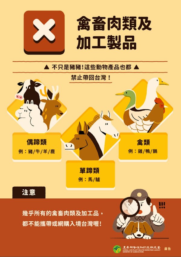 台灣禁止攜帶所有禽畜肉類入境。(台灣農業部動植物防疫檢疫署圖片)