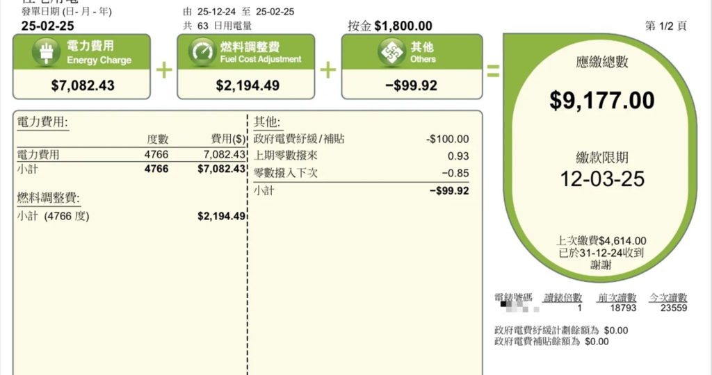 樓主家2人居住，兩個月電費為9,177元。（取自小紅書）