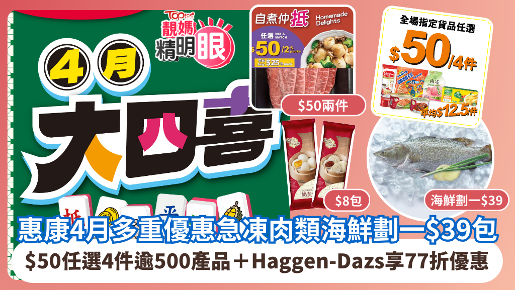 惠康超級市場4月推出「大四喜」限時優惠，當中包括雪糕雪條低至77折、「自家用」急凍肉食系列低至$39包、全場超過500款產品以$50任選2、3、4件等等。