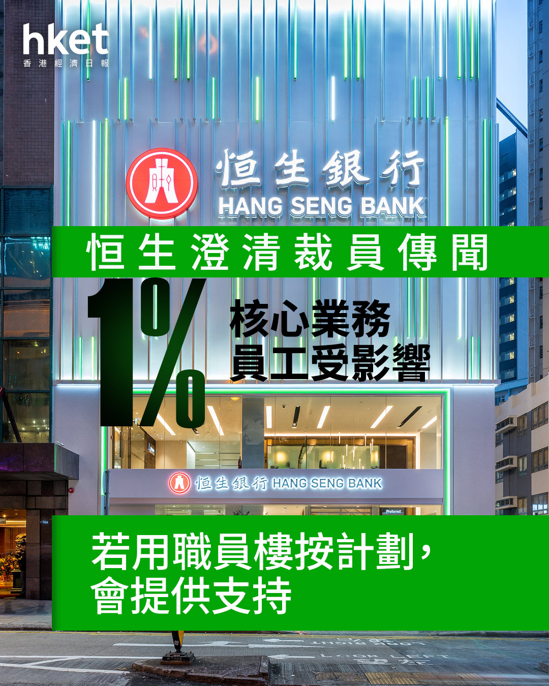 銀行裁員｜恒生間接證實裁員個別部門傳削員達50% 恒生：僅1%核心業務員工受影響、若用職員樓按會提供支持