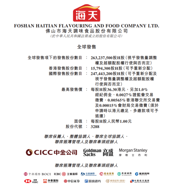 新股IPO｜海天味業3288招股集資近百億　一手入場費3667元