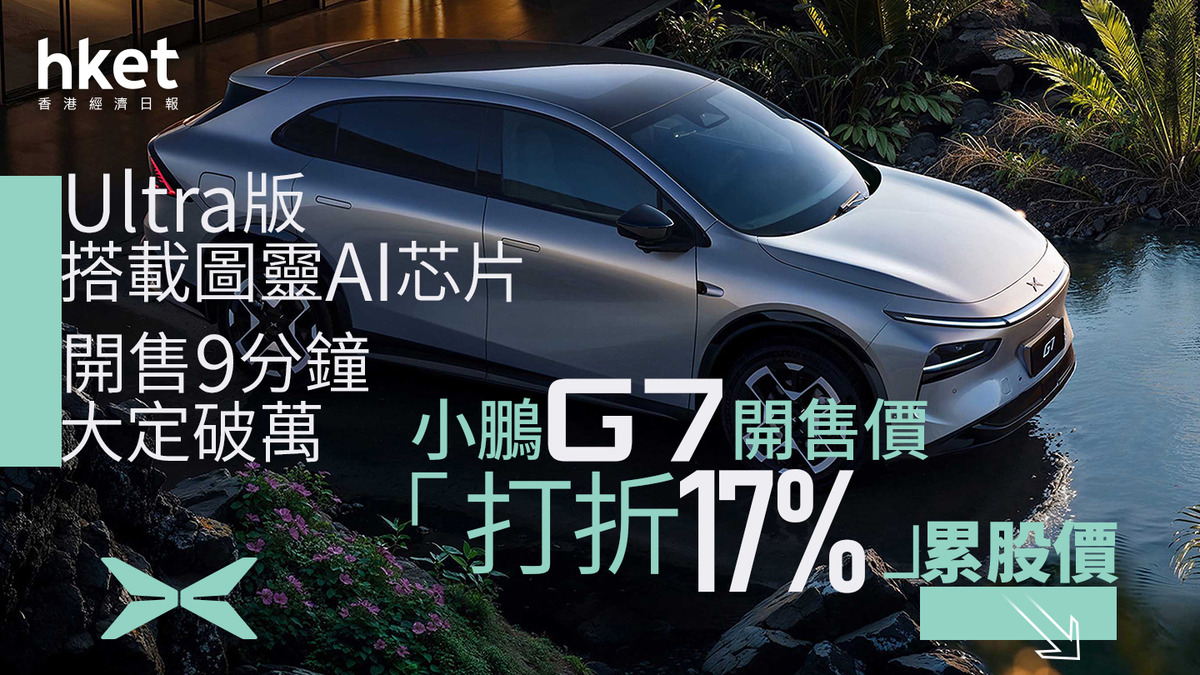 電動車｜小鵬G7開售價「打折17%」、Ultra版搭載圖靈AI芯片開售9分鐘大定破萬股價跌6%、大摩料G系月銷量可達2萬