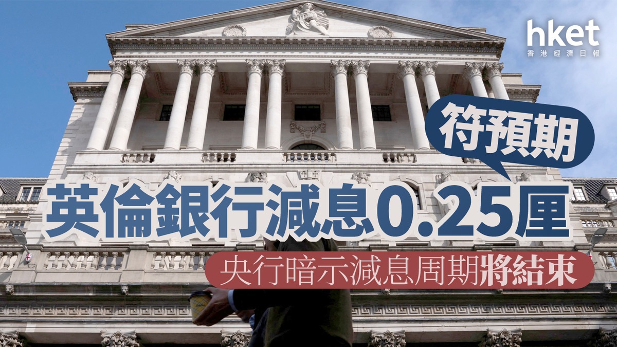 英國減息｜英倫銀行減息0.25厘符預期央行暗示減息周期將結束英鎊滙價上升、兌港元10.5算