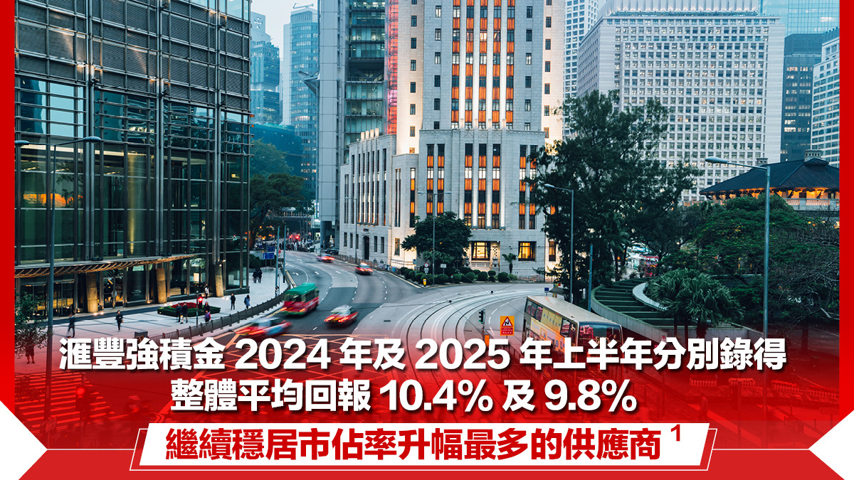 滙豐強積金2024年及2025年上半年分別錄得整體平均回報10.4%及9.8% 繼續穩居市佔率升幅最多的供應商¹