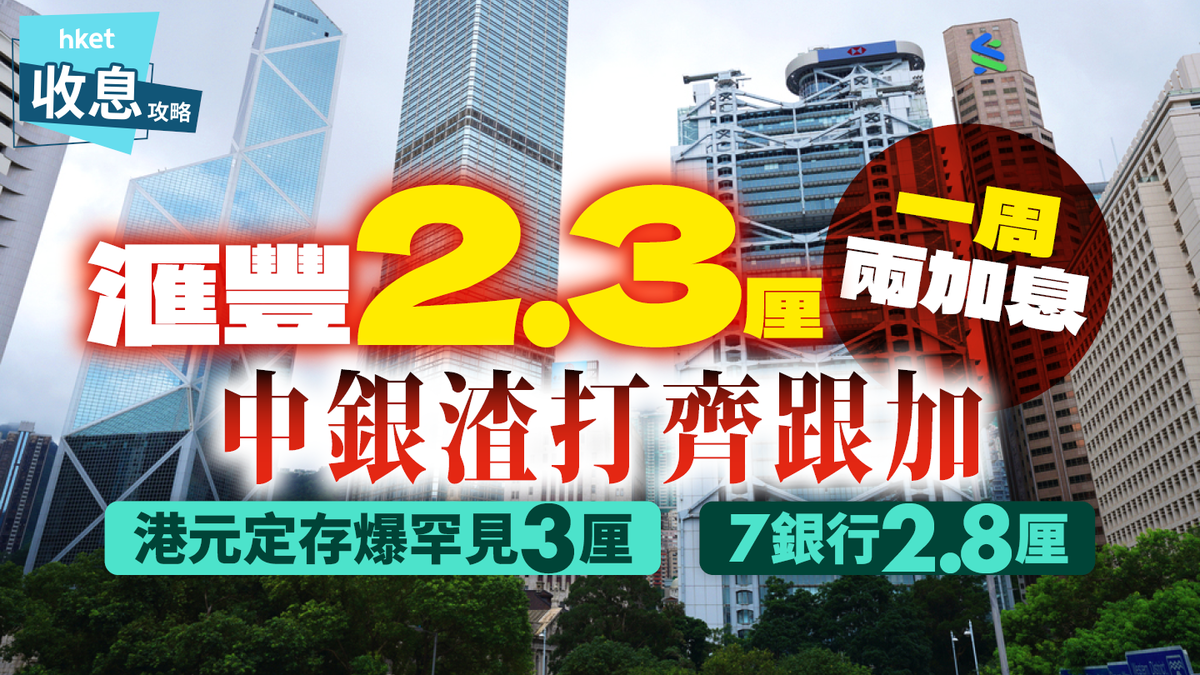 港元定存｜滙豐再加息3大發鈔行鬥搶存兩中小行爆罕見3厘最少7銀行2.8厘