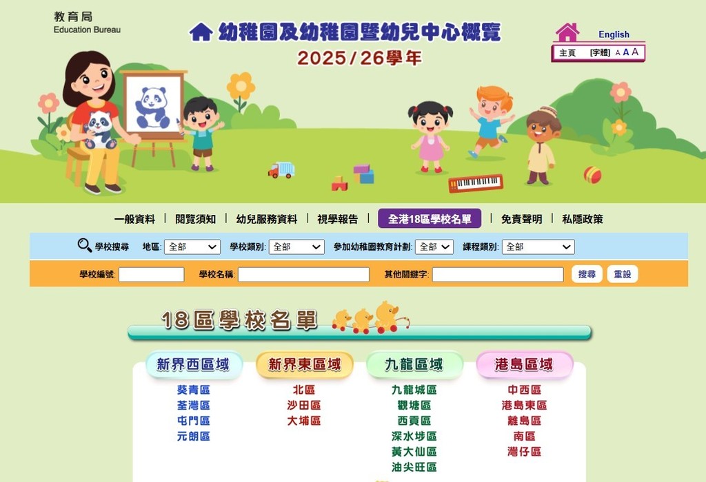 最新的《幼稚園概覽2025/26學年》涵蓋全港約970所幼稚園的資料。（網上截圖）