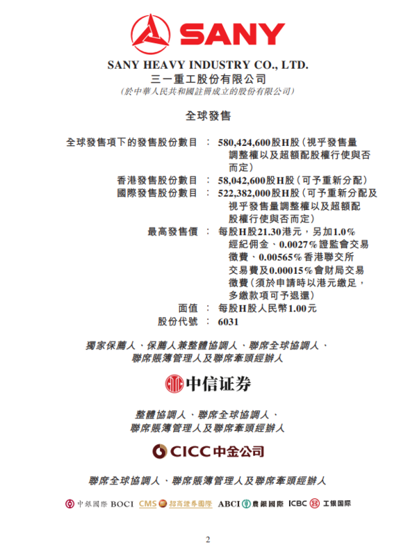 新股IPO｜三一重工6031招股集資最多123億元　一手入場費4303元、A股水位有幾多？