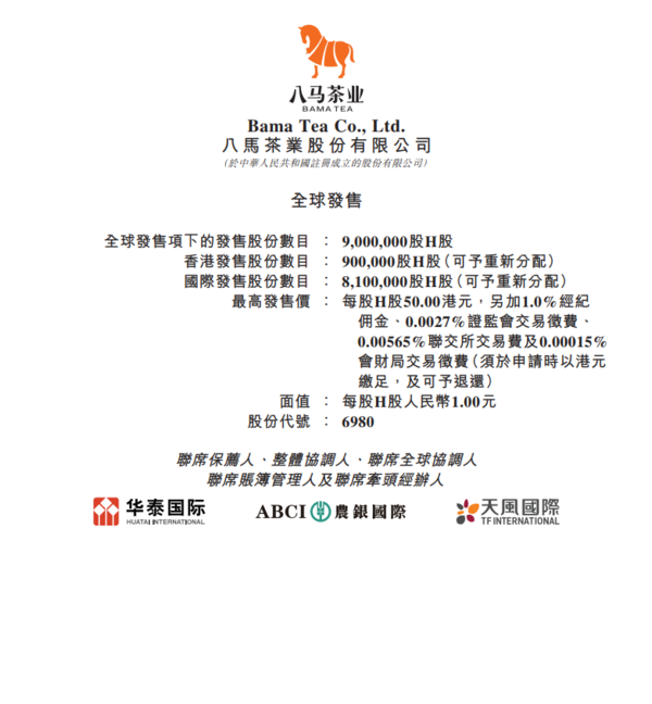 新股IPO｜茶葉供應商八馬茶業6980招股　一手入場費5050元