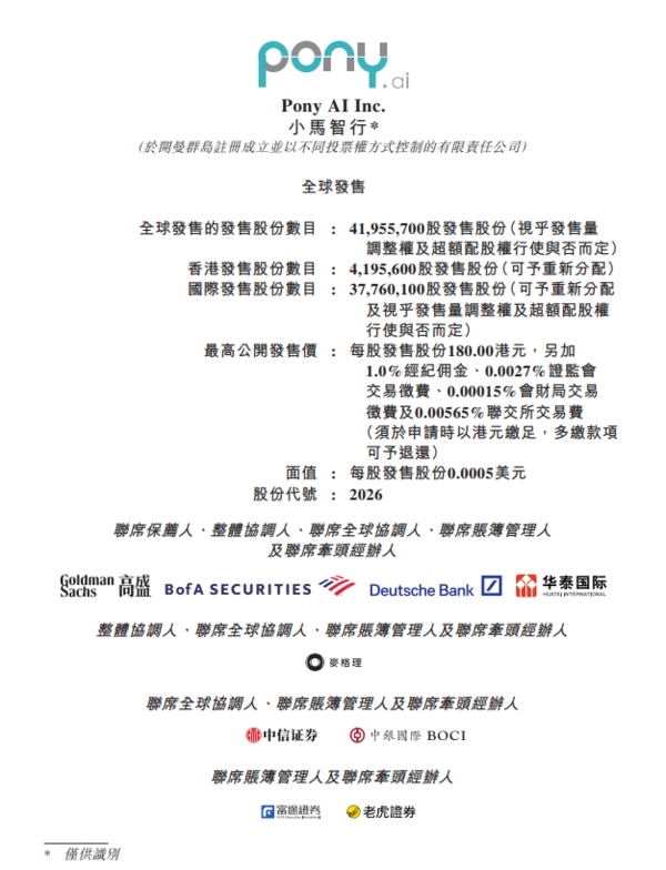 新股IPO|小馬智行2026招股集資最多逾75億元 一手入場費約18182元