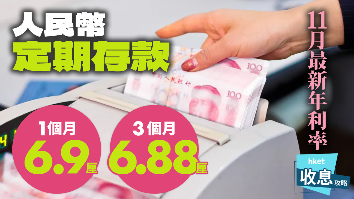 人民幣定期存款｜1個月6.9厘、3個月6.88厘11月