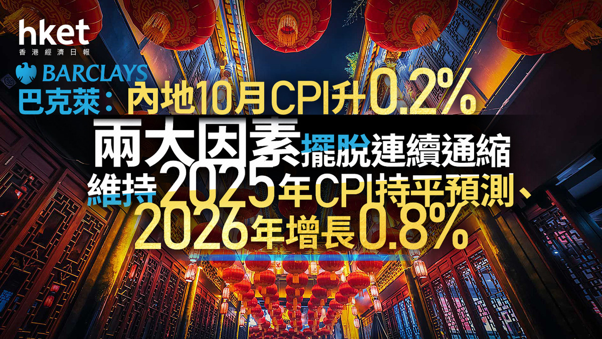 中國經濟｜內地10月CPI升0.2% 巴克萊：兩大因素擺脫連續通縮維持2025年CPI持平預測、2026年增長0.8%