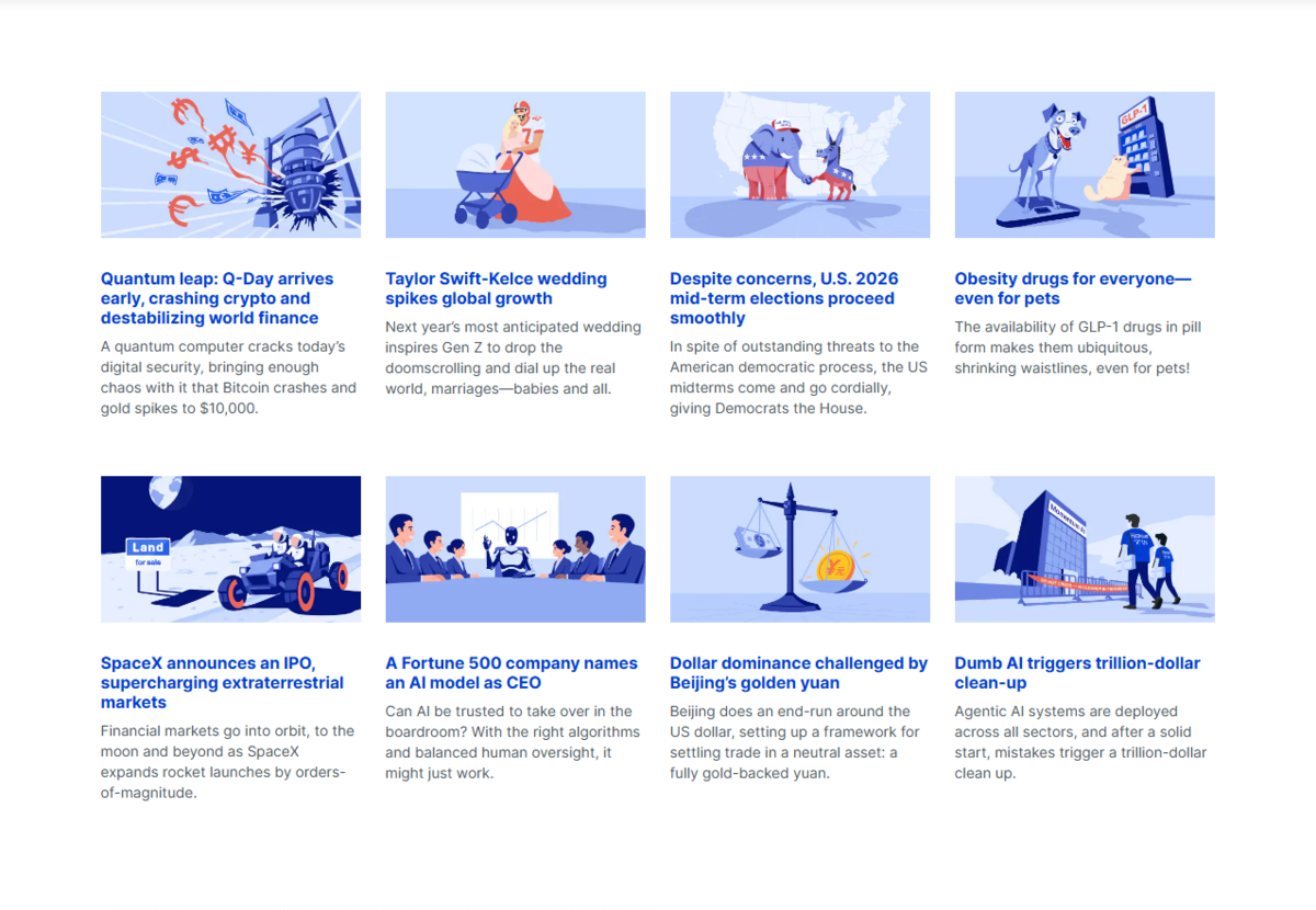 投行2026年「超級黑天鵝」預測：量子電腦破解加密貨幣推升金價至1萬美元Taylor Swift世紀婚禮拯救全球經濟？