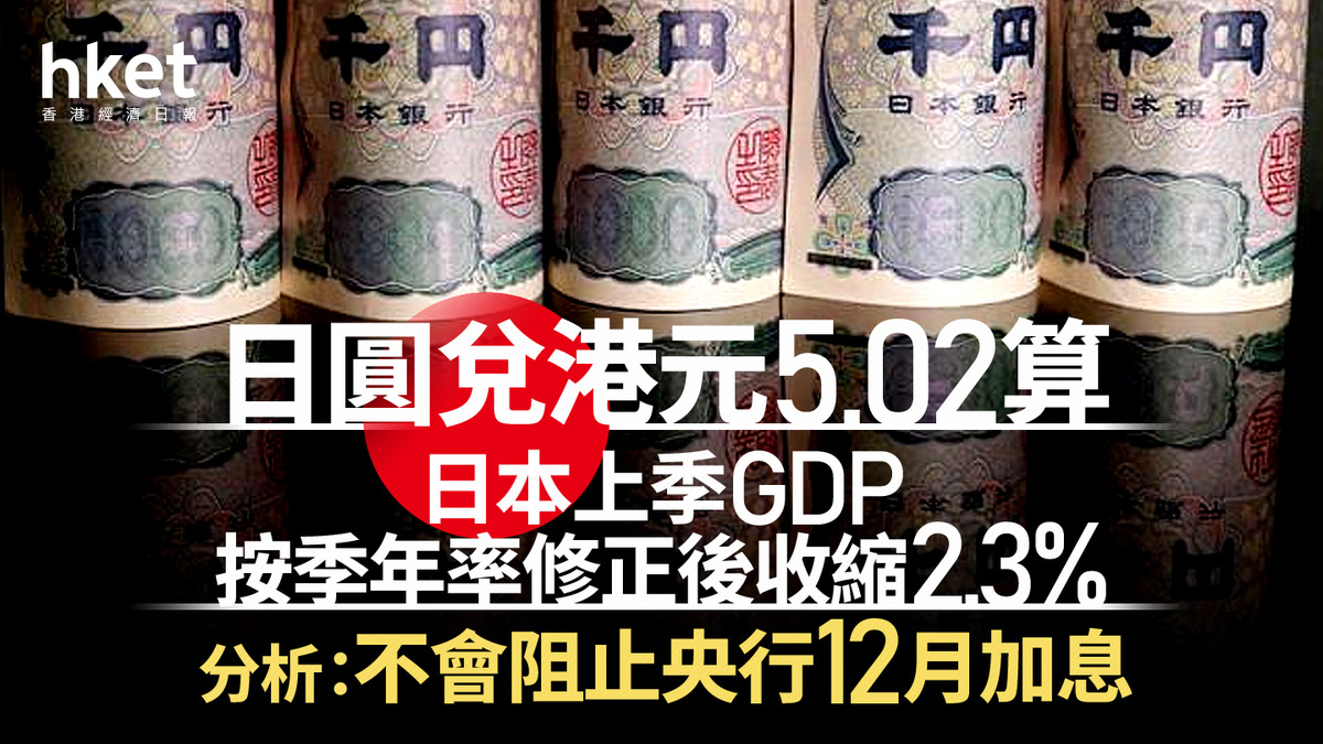 日圓走勢｜日圓兌港元5.02算日本上季GDP按季年率修正後收縮2.3% 分析：不會阻止央行12月加息