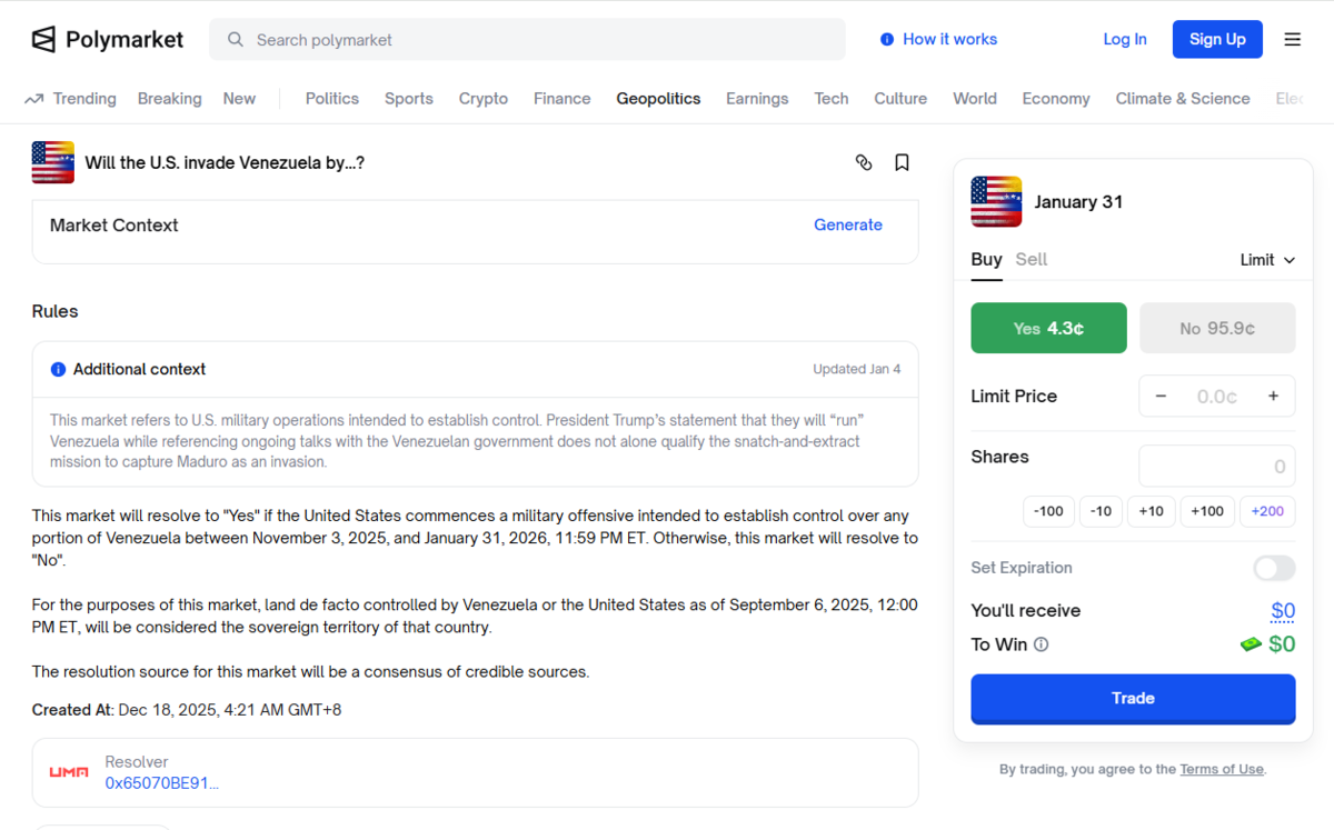 交易員估中「美國入侵委內瑞拉」 Polymarket拒絕派彩掀爭議新帳戶大手下注惹監管疑慮？