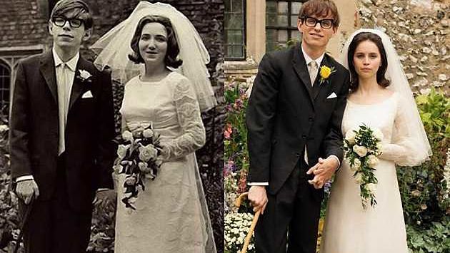 霍金與妻子Jane 的結婚照（左），電影劇照（右）。