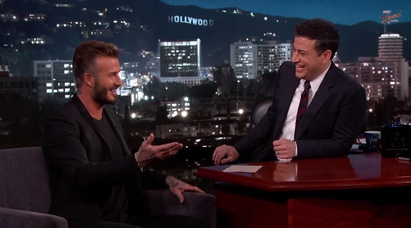 碧咸（左）與Jimmy Kimmel 大談自己退役後的生活。（相片來源：Youtube 截圖）